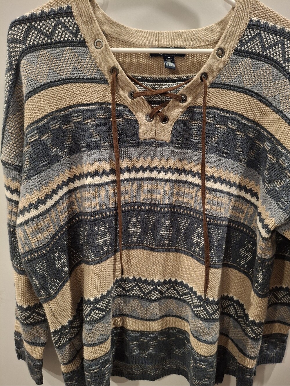 Chaps Women's Lace-Up V-Neck Sweater in Beige and Gray